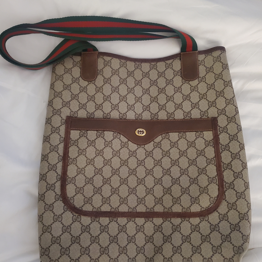 Gucci Beige and Brown Messenger Bag with Green and Red Strap